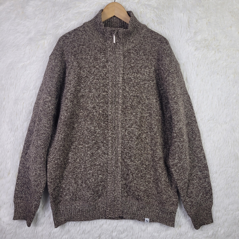 3XL SilverSilk Men's Brown Full Zip Microfiber Chunky Knit Sweater Y2K